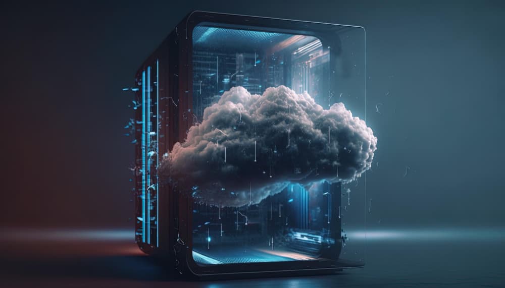 A computer with a cloud on the side of it