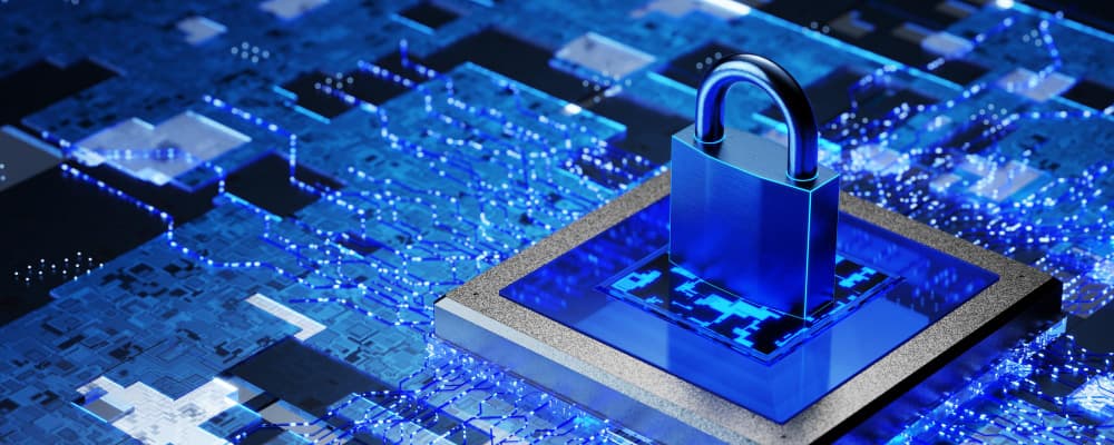 A blue and white computer circuit board with a blue lock on it.