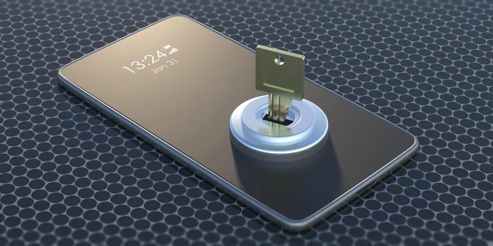 A smartphone with a key inserted into its screen, symbolizing data security or unlocking digital access