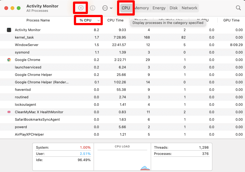 Select and then use the X button to shut down intensive processes and reduce the load on your CPU.