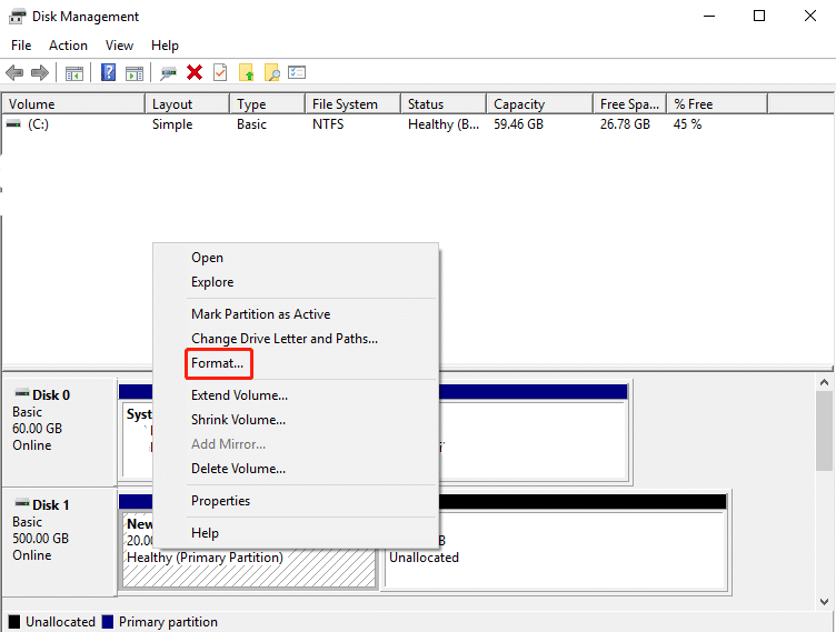 To format an SSD not showing in Disk Management: Go to Disk Management Choose from the list the disk to format, right-click, and select Format Select the File System and Allocation Unit Size Select Quick Format Click OK 