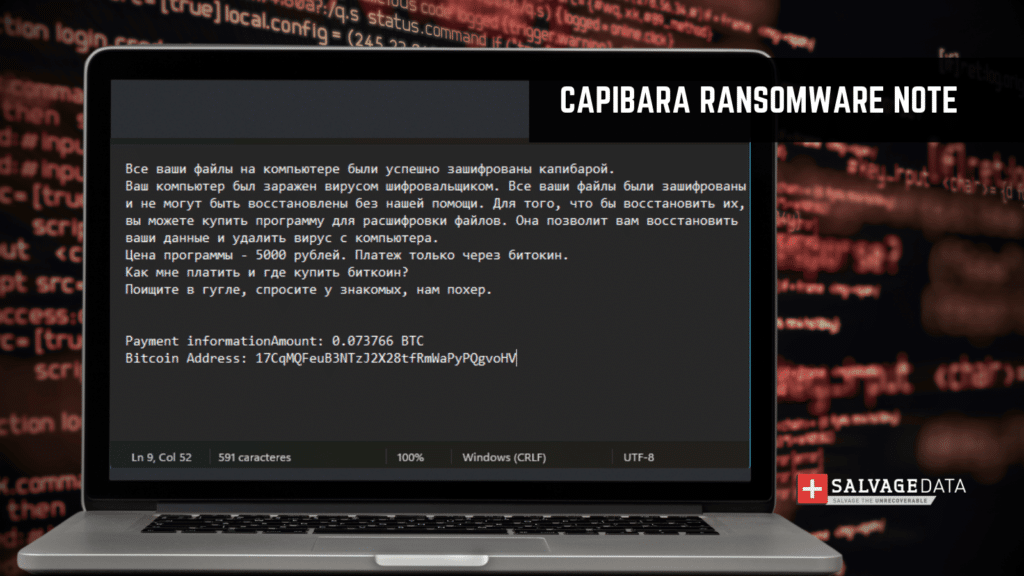 Following the encryption of files, Capibara Ransomware generates a ransom note, usually named "READ_ME_USER.txt." This note instructs the victim on paying the ransom, typically demanded in Bitcoin. The ransom note is written in Russian, suggesting that the ransomware may originate from, or primarily target, Russia or Russian-speaking regions.